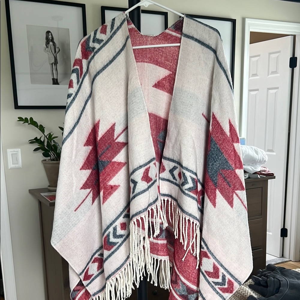 American Eagle Outfitters Red and Cream Cape with Geometric Patterns